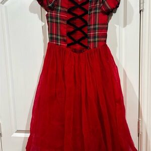 Trish Scully Plaid Red Kids Dress with green wrap.